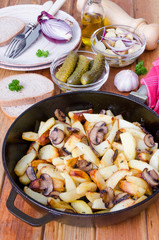 Fried potatoes with mushrooms in a pan on a wooden background
