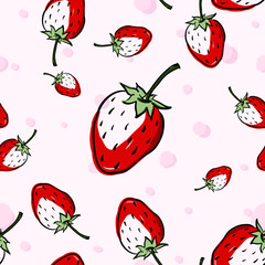 Seamless pattern background with red Strawberry on pink background .Hand drawn Doodle style.vector illustration wallpaper