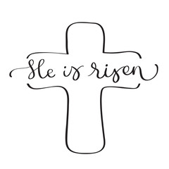 He is Risen text with cross on white background. Calligraphy lettering Vector illustration EPS10