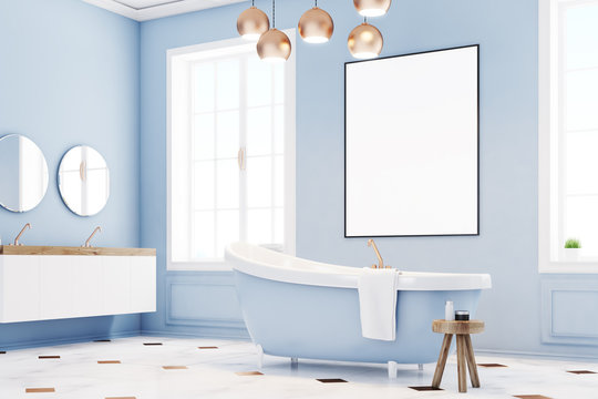 Blue bathroom interior with poster, corner