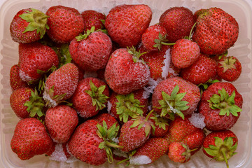 Frozen berries of red strawberries in a plastic container