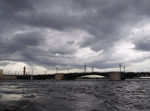 Cityscape of Saint-Petersburg, Russia view to Neva river and Palace or Dvortsovy bridge at gloomy day