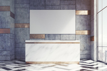 Marble reception counter with a long poster, toned