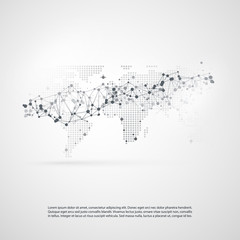 Fototapeta premium Cloud Computing and Networks with World Map - Abstract Global Digital Network Connections, Technology Concept Background, Creative Design Element Template with Transparent Geometric Grey Wire Mesh