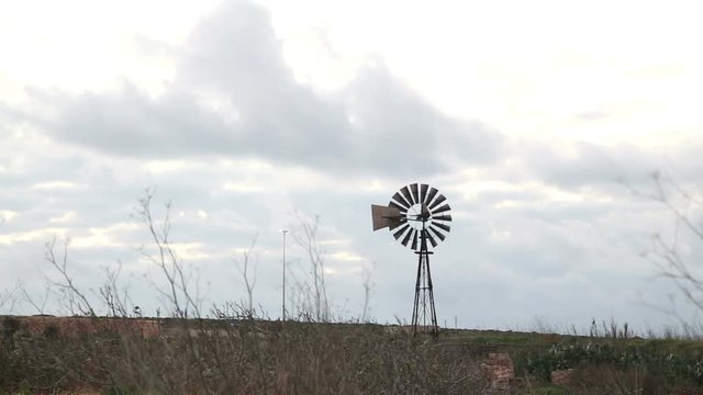 Old iron windpump windmill spinning in nature
