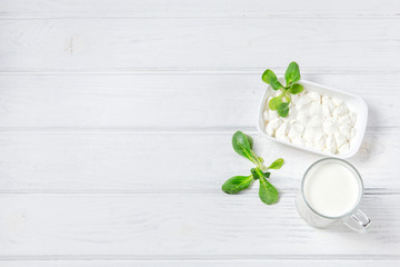 Yogurt and cottage cheese on wooden background. Copyspace for text.
