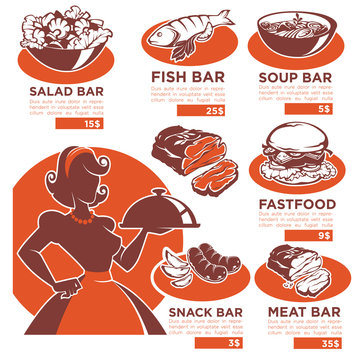 traditional home made food, vector menu template for your cafe and restaurant with retro housewife silhouette and dishes
