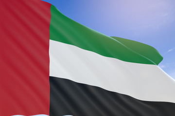 3D rendering of UAE flag waving on blue sky background