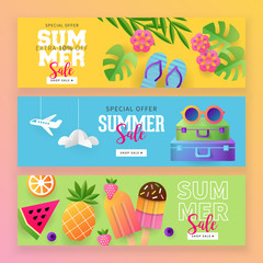 Summer sale banner template set for social media and mobile apps with paper art travel and vacation background. Vector illustration