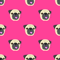 Seamless pattern with face of pug dog on pink background. Funny pug face