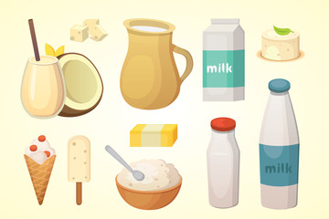 Fresh organic milk products set with cheese, butter, coffee, sour cream and ice cream.