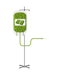 Donation money bag on Drip stand. Transfusion of cash finances. Business illustration