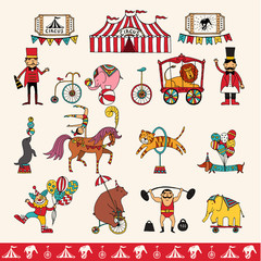 set of hand-drawn icons on a circus theme.