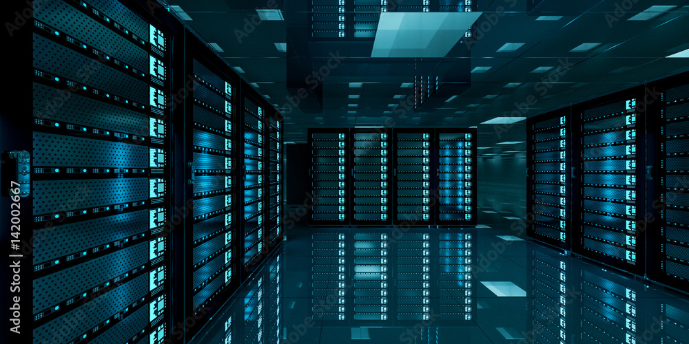 Poster dark server room data center storage 3d rendering