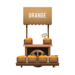 Fototapeta premium A street market. Wood cart for sale oranges. Selling fruit in boxes. Vector illustration, isolated on white background.