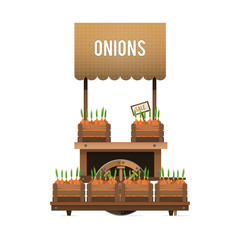Fototapeta premium A street market. Wood cart for sale bow. Selling vegetables in the boxes. Vector illustration isolated on white background.