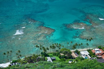 Blue green oncean, view from the top of the Diamond Head Monument, Hawaii