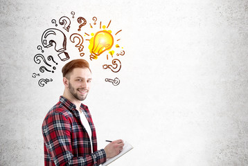 Man with notebook, questions and bulb