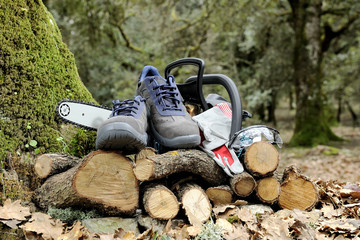Shoes, gloves and safety goggles for safe use of a chainsaw.
