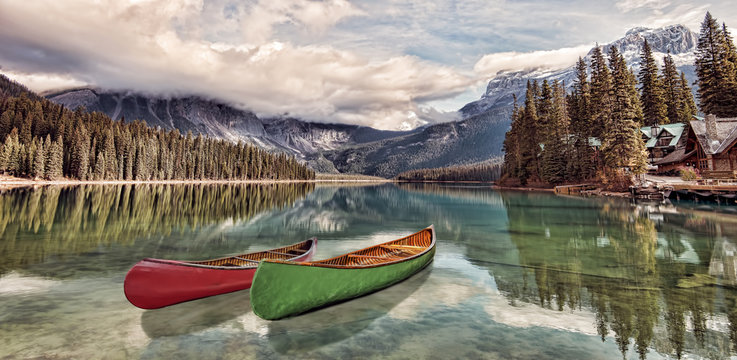 Emerald Lake Reflections - Kayaks on Emerald Lake, Yoho National Park, Canadian Rockies.