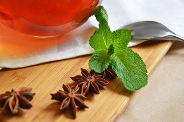 Cup of tea with mint and lemon