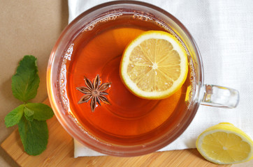 Cup of tea with mint and lemon
