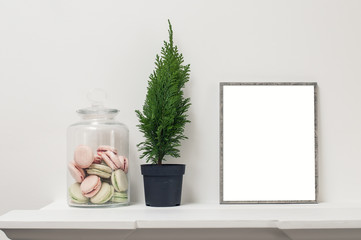 Shelf with empty frame and decorative plant