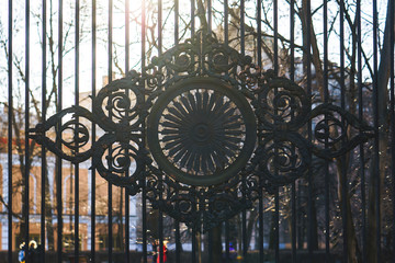 classic decorative fences in street saint-petersburg, Russia. closeup