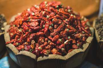 a showcase of street stalls with herbs and spices in an Arab country. Egypt. Dried small sharp pepper
