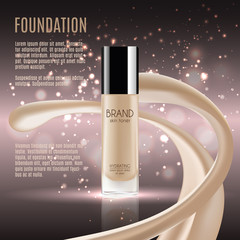 Glamorous foundation ads, glass bottle with foundation and sparkling effects, elegant ads for design, 3d illustration