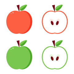 Flat design vector green and red apples, whole and cut in half isolated on white background.