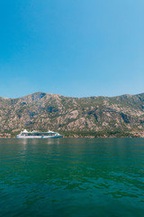 Big cruise ship in the Bay of Kotor in Montenegro. View it from Prcanj. A beautiful country to travel.