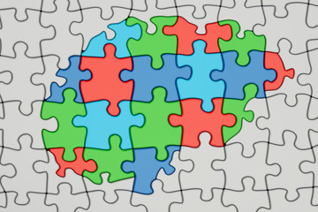 Fototapeta premium Autism concept, brain from colored puzzles, 3D rendering