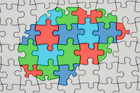Autism concept, brain from colored puzzles, 3D rendering