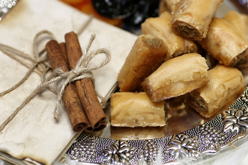Eastern sweets table on a silver platter baklava and Tamarind