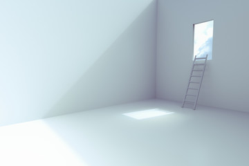 3d rendering of empty room with laddar and open window