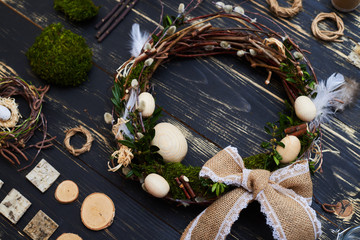 Flat lay with handcraft creative materials to make Easter wreath