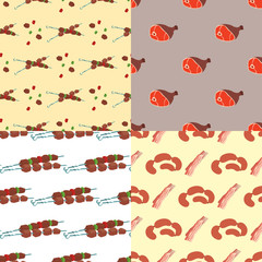Meat products cartoon delicious seamless pattern barbecue kebab variety delicious gourmet meal and assortment slice lamb cooked vector illustration