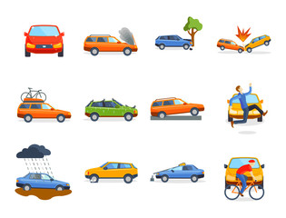 Naklejka premium Car crash collision traffic insurance safety automobile emergency disaster and emergency disaster speed repair transport vector illustration.