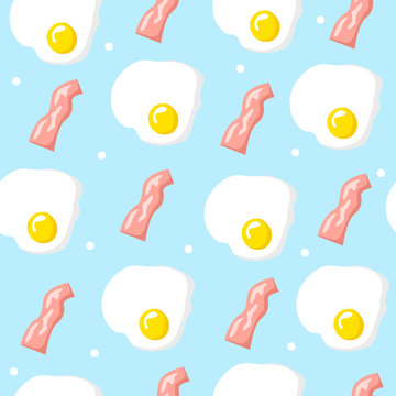 Pastel seamless pattern with bacon and scrambled eggs. Ornament for textile and wrapping. Vector background.
