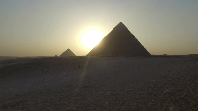 View of Giza pyramids at sunset, Egypt