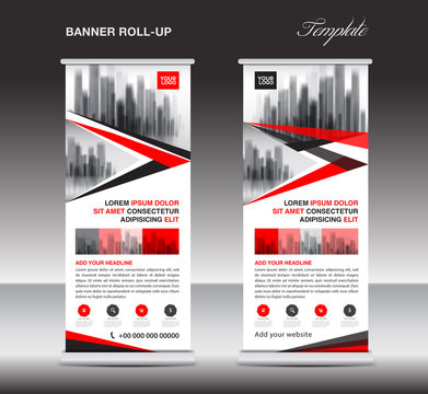 Red Roll up banner, stand template, poster, display, advertisement, banner design, polygon vector, business layout, city