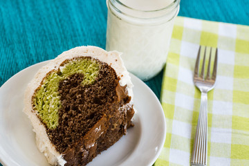 Close Up Pistachio Chocolate Cake Dessert
