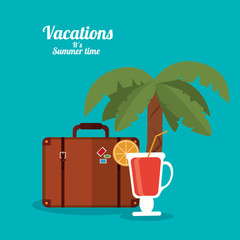 vacations summer time - cocktail suitcase and palm vector illustration eps 10