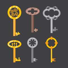 Vintage or antique door key isolated access household tool retro metal security house protection and decorative skeleton ornate secret sign vector illustration.