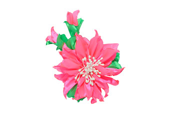 Kanzashi. Pink artificial flower isolated on white background