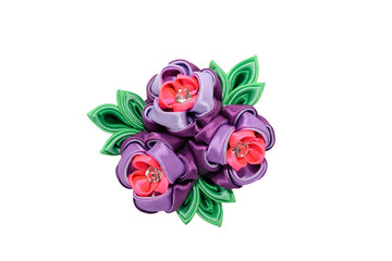 Kanzashi. Pink purple artificial flower isolated on white backgr