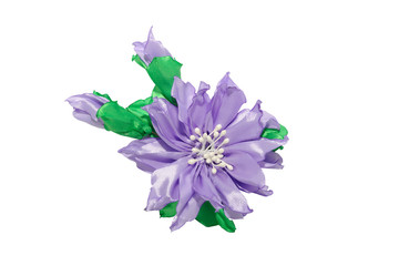 Kanzashi. Purple artificial flower isolated on white background
