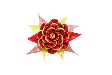 Kanzashi. Red yellow artificial flower isolated on white backgro