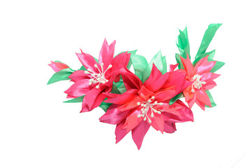 Kanzashi. Red pink artificial flower isolated on white backgroun